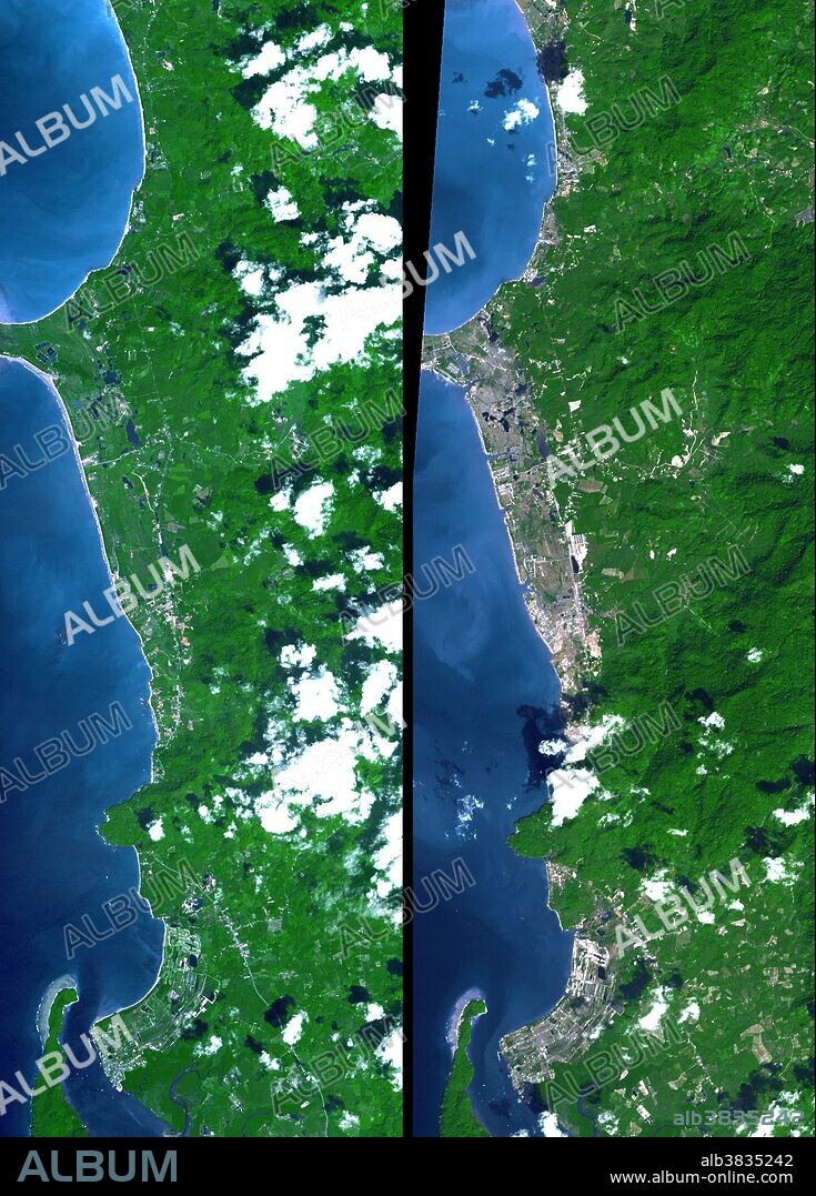 The island of Phuket on the Indian Ocean coast of Thailand is a major tourist destination and was also in the path of the tsunami that washed ashore on December 26, 2004, resulting in a heavy loss of life. These simulated natural color ASTER images show a 27 kilometer (17 mile) long stretch of coast north of the Phuket airport on December 31 (right), along with an image acquired two years earlier (left). The changes along the coast are obvious where the vegetation has been stripped away. These images are being used to create damage assessment maps for the U.S. Agency for International Development (USAID) Office of Foreign Disaster Assistance. With its 14 spectral bands from the visible to the thermal infrared wavelength region, and its high spatial resolution of 15 to 90 meters (about 50 to 300 feet), ASTER images Earth to map and monitor the changing surface of our planet. ASTER is one of five Earth-observing instruments launched December 18, 1999, on NASA's Terra satellite. The broad.