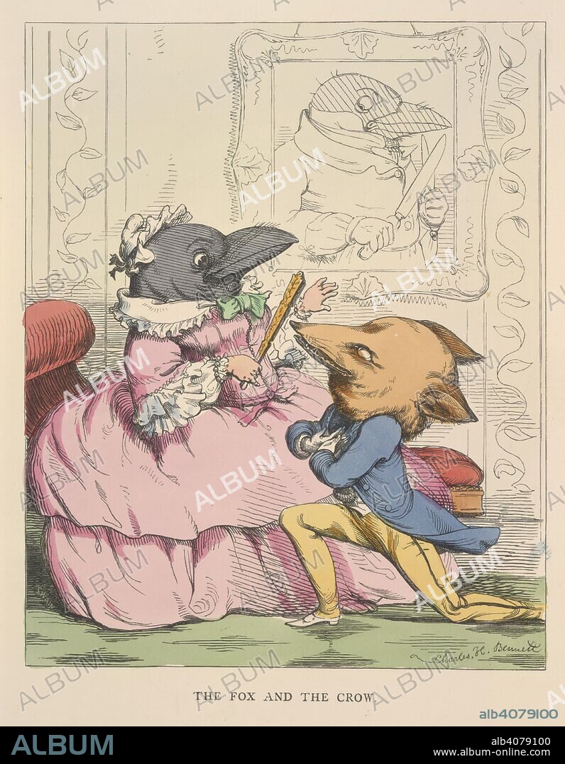 AESOP, C. H BENNETT and J SWAIN. The fox and the crow. The Fables of Ã†sop and others. Translated into hum. W. Kent & Co.: London, 1857. A rich old female crow being complimented by a cunning fox.  Image taken from The Fables of Ã†sop and others. Translated into human nature, designed and drawn on the wood by Charles H. Bennett, etc.  Originally published/produced in W. Kent & Co.: London, 1857. . Source: 12305.g.11, opposite 9. Language: English.