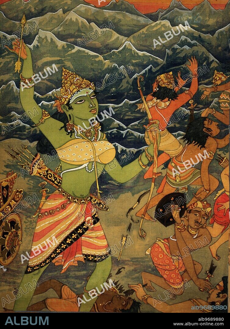 HAP-136860 : - Hinduism - Hindu art - Himalayan Academy art - India - Religion - Spirituality - Artist S. Rajam - Shakti - Himalayas - warrior - asuras flee - bow - arrow - Devi - Goddess - Parvati - Indian art - Hindu - art - religion - Hindu religion - Hindu belief.