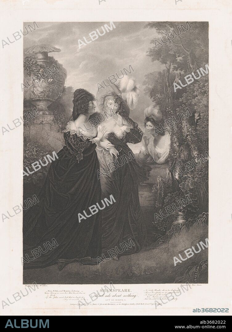 Hero, Ursula and Beatrice (Shakespeare, Much Ado About Nothing, Act 3, Scene 1). Artist: After Matthew William Peters (British, Freshwater, Isle of Wight 1742-1814 Brasted, Kent). Dimensions: Plate: 25 5/16 × 17 11/16 in. (64.3 × 45 cm)
Sheet: 27 3/4 × 21 15/16 in. (70.5 × 55.7 cm). Engraver: Peter Simon (British, London ca. 1764-1813 Paris). Publisher: John & Josiah Boydell (British, 1786-1804). Series/Portfolio: Boydell's Shakespeare Gallery. Subject: William Shakespeare (British, Stratford-upon-Avon 1564-1616 Stratford-upon-Avon). Date: 1790.