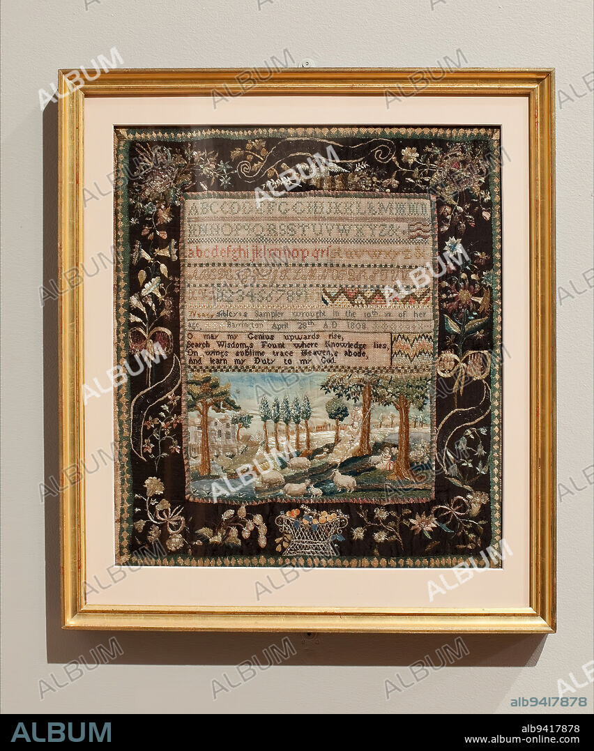 Sampler, 1808, Nancy Sibley, American, 17 7/8 x 15 3/8 in. (45.4 x 39.05 cm), Silk thread, metal-wrapped thread, painted linen, and painted paper on linen plain weave; needlework, United States, 19th century, From the colonial period to the mid nineteenth-century, sampler making formed a major component of polite education for young girls. Needlework samplers demonstrated the artistic achievements of students, chief among them being a range of delicate stitch techniques. This sampler records the skills of its ten-year-old maker in handling a dozen embroidery stitches, her abilities working with metallic thread (a challenging medium for the novice), as well as her competence in painting on cloth and applied paper.