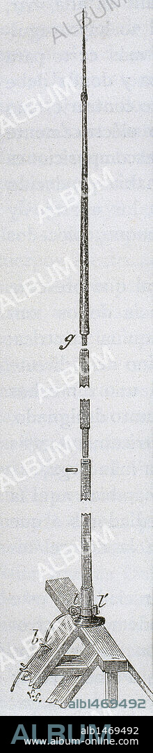 PARARRAYOS primitivo constituído por una sola varilla de hierro muy larga. Fue inventado en el año 1752 (S. XVIII) por Benjamin Franklin (1706-1790). Grabado del S. XIX con la reproducción de la BARRA VERTICAL DEL PARARRAYOS.