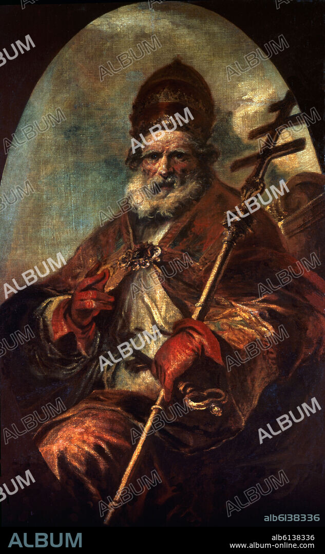 FRANCISCO HERRERA THE YOUNGER. St. Leo I the Great (San Leone, detto Magno), pope from 440 to 461. 17th Century. Oil on canvas (165 x 104 cm). Madrid, Prado museum.