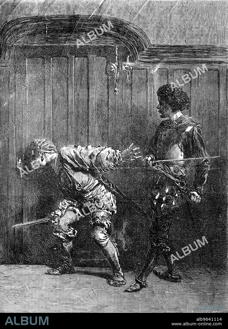 JOSEPH LIONEL WILLIAMS. The Bravos - painted by Meissonier, 1856. Engraving '...after a picture by Meissonier, a very popular artist in France, who paints small fancy subjects. This picture tells its own tale - two assassins watching at a door for the exit of their intended victim. It has not been engraved in France - at least not for sale, if at all..Such is the desultory, fanciful style of this very pleasing artist, and the success with which he prosecutes it almost excites regret that he does not aspire a little higher and attempt something more important and upon a larger scale'. From "Illustrated London News", 1856.