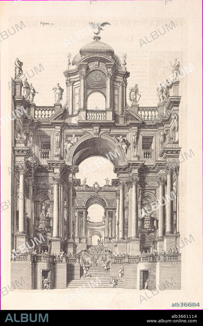 Perspectiva pictorum et architectorum. Author: Written by Andrea Pozzo (Italian, Trento 1642-1709 Vienna). Dedicatee: Dedicated to Leopold I, Holy Roman Emperor (Austrian, 1640-1705). Dimensions: Overall: 16 3/4 x 11 3/8 x 1 5/8 in. (42.5 x 28.9 x 4.2 cm). Engraver: Frontispiece engraved by Vincenzo Mariotti (Italian); Engraved by Benoit Thiboust (French, ?1660-1719?); Foldout figure engraved by Arnold van Westerhout (Flemish, Antwerp 1651-1725 Rome); Foldout figure engraved by Giovanni Girolamo Frezza (Italian, 1659-1741). Published in: Rome. Publisher: Published by Joannis Jacobi Komarek. Date: 1693.
The pages of the treatise construct perspective views of increasing complexity and difficulty. The demonstrations display convincing architectural spaces as evidence of the author's belief that beauty in representation originates from suitably proportioned architecture.
The letterpress text, arranged in columns, provides Latin and Italian didactic explanation of the numbered plates. Despite a title page dated 1693, which would suggest this is the first edition, this example of Pozzo's treatise appears to date to a later printing. It may be either an example of a "second state" of the first edition version issued ca. 1698 during the preparation of Part II  or a composite example that joins a second edition text and illustration behind a title page prepared for the first edition (see Fowler, 207). Komarek issued the fully revised second edition of Part I in 1700. 
The text and illustrations vary between the first and second editions, and the inclusion of the engraving made after Pozzo's design of the false dome at Sant' Ignazio, Rome does not appear in the first edition. The engraving in this copy bears the date "1702" at the ... Further, the letterpress text on [109] verso provides the description of the perspectival figure on the tipped-in foldout leaf and constructs the relationship between the figure and locates the position of the image within an illustration of the plan of Sant' Ignazio (see figure 93). The other additions to the text elaborate Pozzo's extensive work at the church, which he completed from 1691-94 contemporaneously with the first edition of Part I.