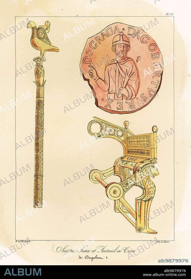 Sceptre, seal and throne of Dagobert I (c. 603-639), king of Austrasia, all the Franks, Neustria and Burgundy. Last king of the Merovingian dynasty. Sceptre, Sceau et Fauteuiil ou Trone de Dagobert I. Handcoloured lithograph by Villain after an illustration by Horace de Viel-Castel from his Collection des costumes, armes et meubles pour servir à l'histoire de la France (Collection of costumes, weapons and furniture to be used in the history of France), Treuttel & Wurtz, Bossange, 1827.