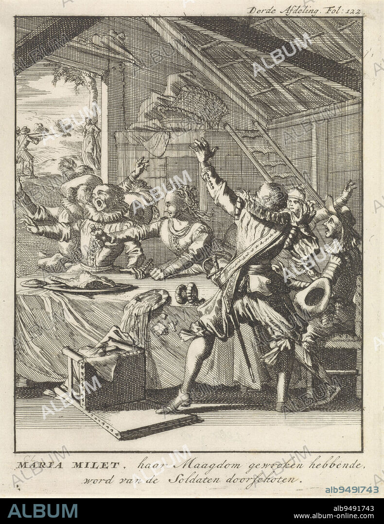 Maria Milet sits with several soldiers around a table. Maria kills a soldier with a knife during ce meal. She was probably raped by Spanish soldiers during the capture of Maastricht on 29 June 1579. In the background she is being executed, Maria Milet takes revenge on the soldiers, 1579 Maria Milet, having avenged her virginity, is shot by the soldiers , print maker: Caspar Luyken, (mentioned on object), publisher: Jan Claesz ten Hoorn, Amsterdam, 1699, paper, etching, h 192 mm × w 150 mm.