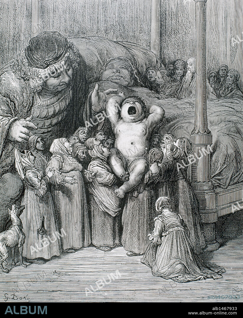 PAUL GUSTAVE DORÉ. RABELAIS, François (La Devinière, h.1494-París, 1553). Escritor francés. GARGANTUA. Grabado del gigante protagonista de la obra "Vida inestimable del gran Gargantúa" (1534) de Rabelais, que se caracteriza por su descomunal apetito. "GARGANTUA EXCLAMA SUS PRIMERAS PALABRAS TRAS NACER: TENGO SED". Grabado.
