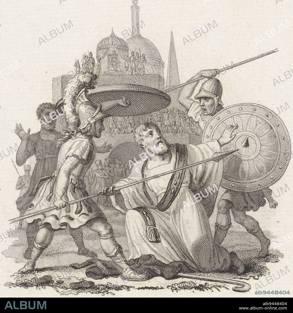 A kneeling man between two warriors in armor and holding shields. The man is kneeling between two warriors, grasping the spear of one warrior with one hand and fending off the shield of the other warrior with the other. In front of his foot is a staff and a garment. In the background, an audience watches from an elevation. Kneeling man between two warriors, print maker: Philippus Velijn, (mentioned on object), intermediary draughtsman: Jelgerhuis, (mentioned on object), Netherlands, 1797 - 1852, paper, etching, h 240 mm × w 150 mm.