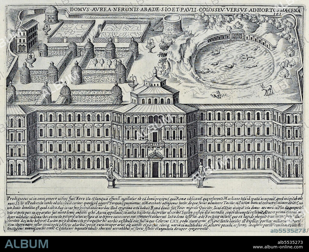 Domus Aurea Neronis Abaede S. Io Et Pauli Colosseu Versus Ad Hortos Maecena, Das Domus Aurea oder ''Goldenes Haus'' war eine grosse Landschaftsvilla, die von Kaiser Nero erbaut wurde. Erbaut nach dem grossen Brand von 64 n. Chr., lag das Haus im Herzen des antiken Roms, historisches Rom, Italien, Splendore Dell' Antica Roma: The Splendors of Rome, Circa 1625 .