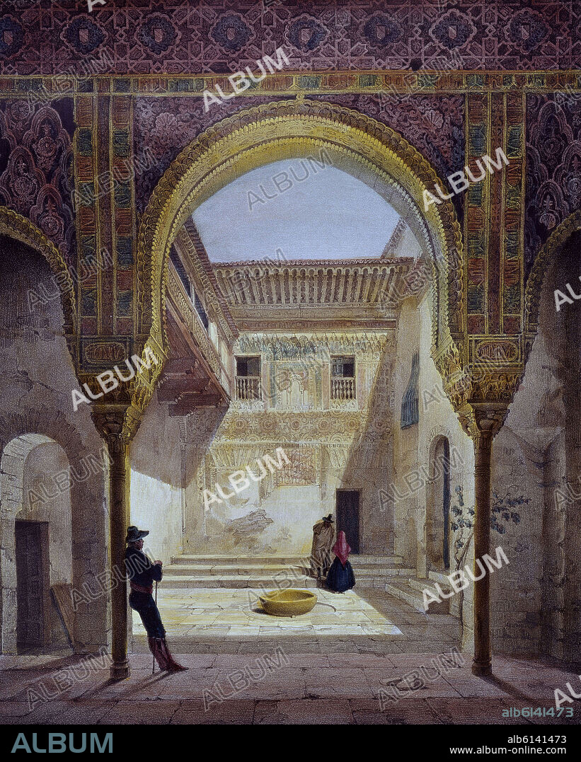 LÉON AUGUSTE ASSELINEAU. GRABADO - ALHAMBRA:PATIO DE LA MEZQUITA- SIGLO XIX.