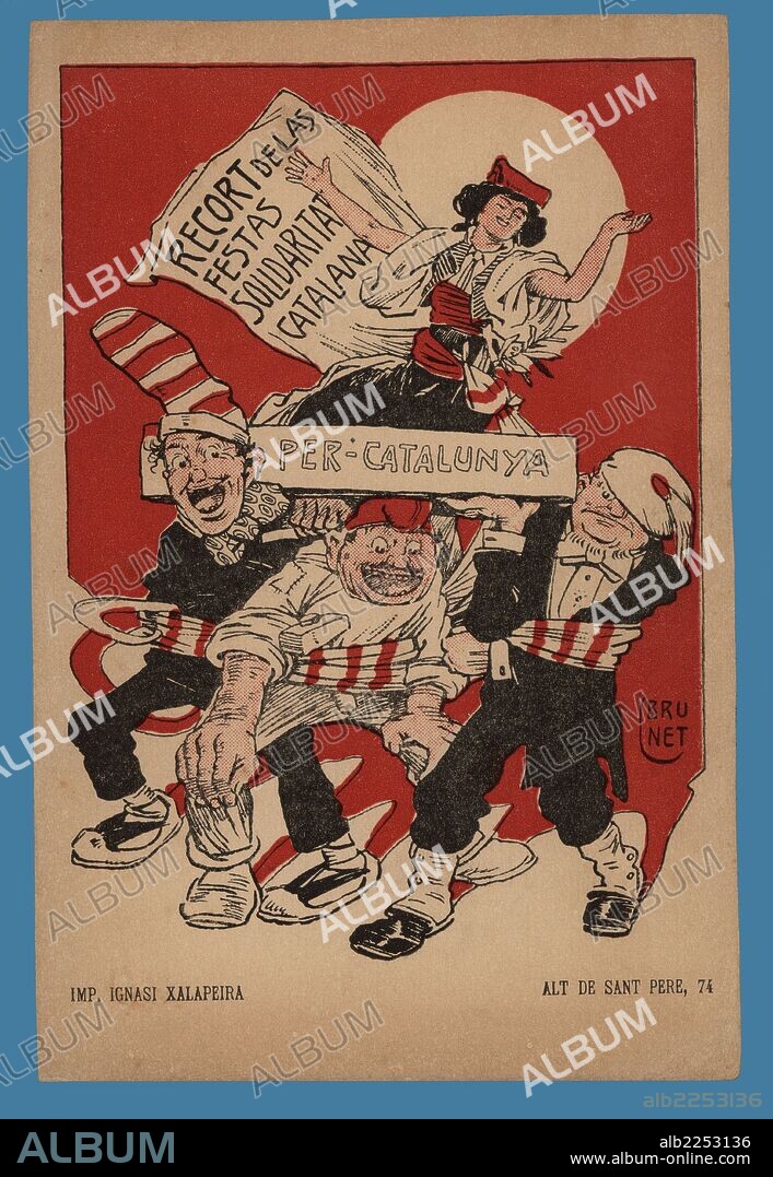 LLORENÇ BRUNET I TORROLL. Tarjeta postal. Dibujo político de las fiestas de la Solidaridad Catalana. Barcelona, años 1920.