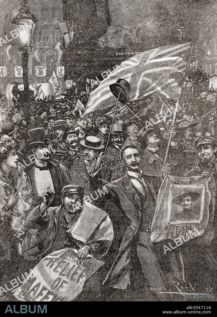 Crowds in London, England celebrating the Relief of Mafeking in 1900. The Siege of Mafeking was a famous British defence in the Second Boer War which took place at the town of Mafeking, South Africa over a period of 217 days. From The Century Edition of Cassell's History of England, published c. 1900.