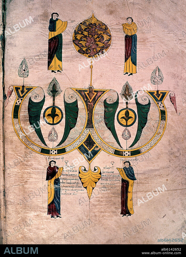 MINIATURA DE LA BIBLIA DE LEON 960 - PROCEDE DEL LIBRO DE CHENE - MOZARABE - ESCRIBA Y ARTISTA SE FELICITAN.