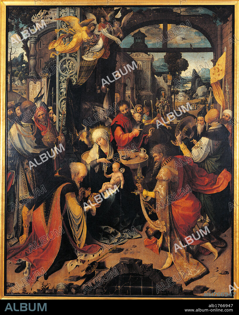 Triptych of the Adoration of the Magi, Nativity and Rest on the Flight to Egypt, by Jan de Beer, co-workers and Jan de Beer, 1510, 16th Century, oil on walnut panel, cm 156 x 123. Italy, Lombardy, Milan, Brera Art Gallery. Triptych The Adoration of the Magi Nativity Rest during the Flight into Egypt Detail. Center panel with the Adoration if the Magi Madonna Child luxurious garments clothes gold red. Authorization required for non editorial use.