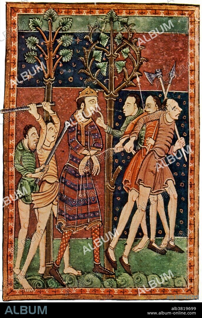 Captioned: "Vikings dethroning King Edmund of East Anglia, England." Illuminated manuscript, "Life of Edmund", unknown artist, circa 1130. Edmund the Martyr (841 - November 20, 869) was king of East Anglia, an independent Anglo-Saxon kingdom that comprised what are now the English counties of Norfolk and Suffolk, from about 855 until his death. Almost nothing is known of Edmund. He is thought to be of East Anglian origin and was first mentioned in an annal of the Anglo-Saxon Chronicle, written some years after his death. The kingdom of East Anglia was devastated by the Vikings, who destroyed any contemporary evidence of his reign. In 869, the Great Heathen Army advanced on East Anglia and killed Edmund. He may have been slain by the Danes in battle, but by tradition he met his death at an unidentified place known as Haegelisdun, after he refused the Danes' demand that he renounce Christ. The Danes beat him, shot him with arrows and then beheaded him. During the Middle Ages, he was regarded as the patron saint of England, Edmund is the patron saint of pandemics.