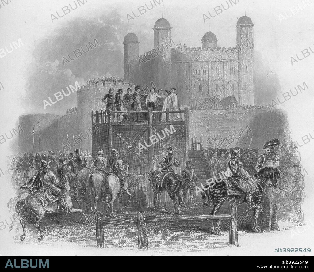 'The Execution of Dudley Earl of Leicester', 1859. English nobleman and close friend and suitor of Elizabeth I. Patron of the Puritan movement and a Protestant condemned to death on the scaffold, Tower Green. From The History of England Div XI by David Hume & Tobias Smollett. [Virtue & Co., London, 1859].