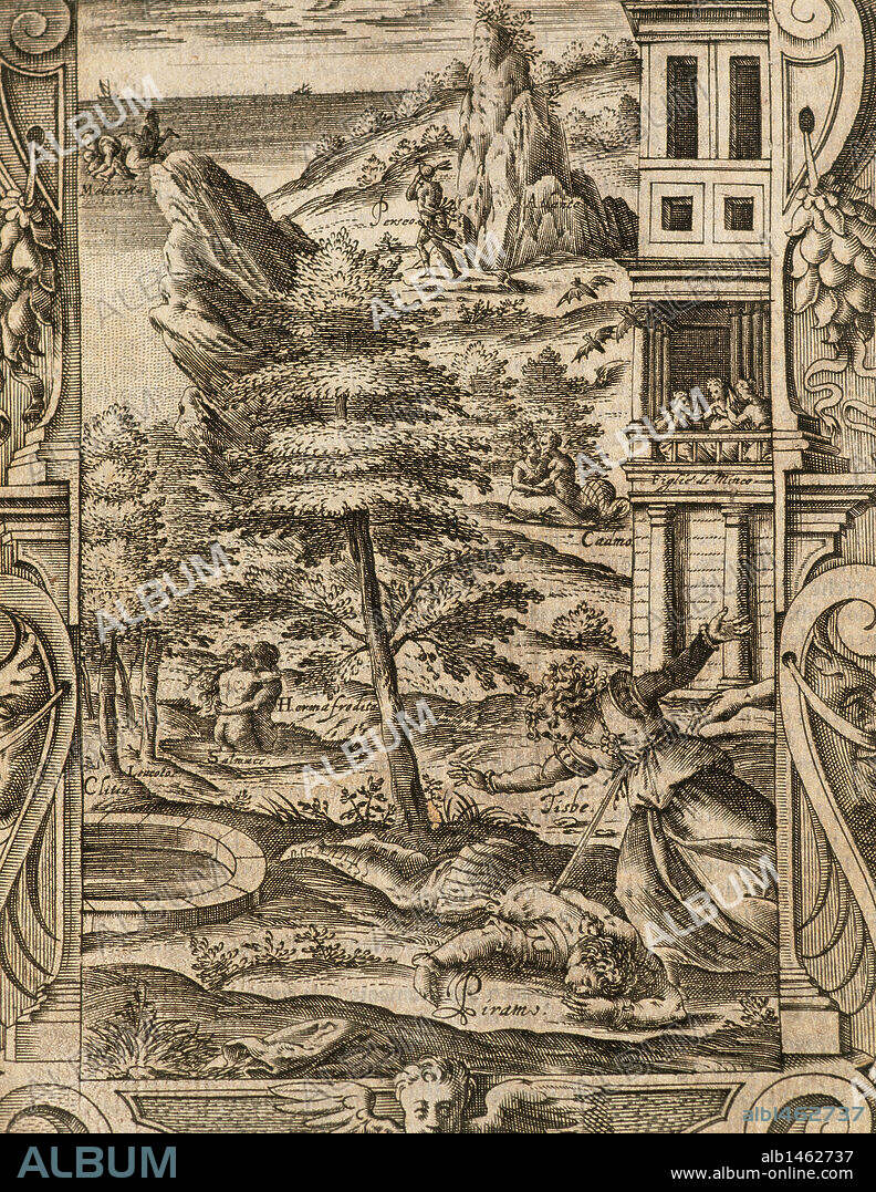 LITERATURA LATINA. OVIDIO NASON, Publio (Publius Ovidius Naso). (Sulmona 43 a. C. -Tomis 17). Poeta latino. "METAMORFOSIS". (Del año 2 d. C. al 8 d. C.). Consta de 15 libros. LIBRO IV. "PIRAMO Y TISBE". Grabado con la representación de las muertes de Piramo y Tisbe. Edición Italiana. Venecia, 1584.