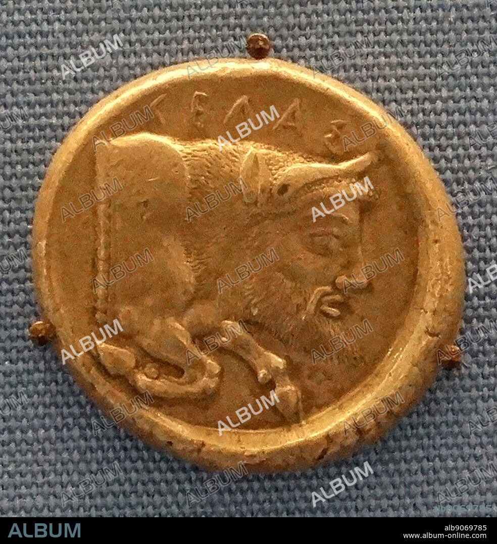 Greek Tetradrachm of Gela 450 BC depicting the river-god Gelas as a bull with bearded human face.