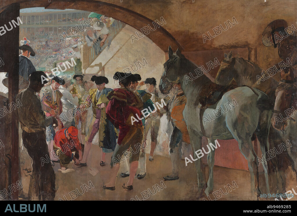 Before the Bullfight, c. 1900, Joaquin Sorolla y Bastida, Spanish, 1863 - 1923, 98 3/4 × 146 × 1 1/8 in. (250.8 × 370.8 × 2.9 cm) (canvas), Oil on canvas, Spain, 19th-20th century, Sorolla loved to paint his native town of Valencia, Spain, and was attentive to its cultural traditions and people. Here, he chose to paint a bullfight not by depicting the action in an arena but the anxious, hushed tension of the bullfighters and other participants before the spectacle. Sorolla takes us behind the scenes to the drama unfolding in the hearts of the people who have chosen to take part in this dangerous event. The artist understood the capacity for light to be meaningful, heightening the viewers senses and building tension. Here he deploys it flawlessly by contrasting the tense quiet of the foreground with the illumination that will reveal the violent event. In that peek into the packed arena, cheering crowds are a marker of the thrills to come.