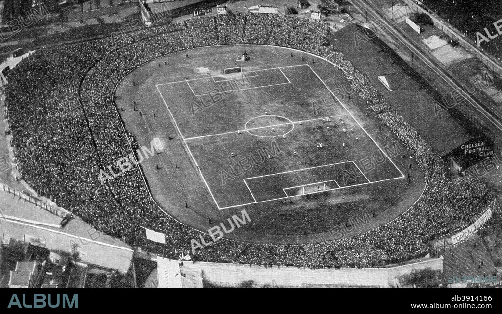 Aerial view of Stamford Bridge, stadium of Chelsea Football Club, London, c1922. A print from Peoples of all Nations, Volume III, edited by JA Hammerton, The Fleetway House, London, c1922.