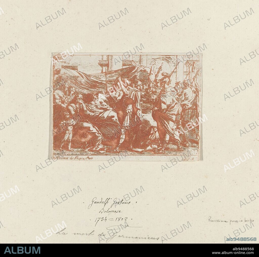 The Death of Germanicus, The poisoned, dying Germanicus lying on his bed with on his left his grieving wife Agrippa and his son Caligula. He is further surrounded by servants and a group of soldiers. One soldier points up to the sky., print maker: Gaetano Gandolfi, (mentioned on object), after design by: Nicolas Poussin, (mentioned on object), print maker: Italy, after design by: France, 1744 - 1802, paper, etching, height 88 mm × width 122 mm.