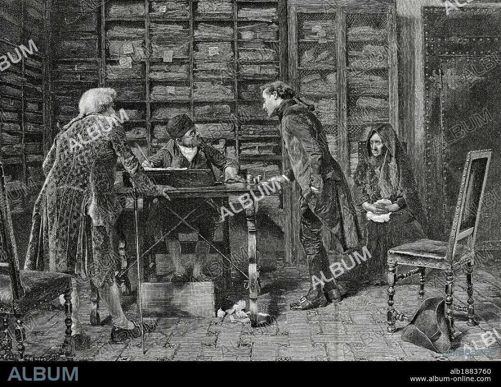 ECONOMIA SIGLO XVIII. "EL ULTIMO EMPEÑO". Grabado de "La Ilustración Artística", año 1886.