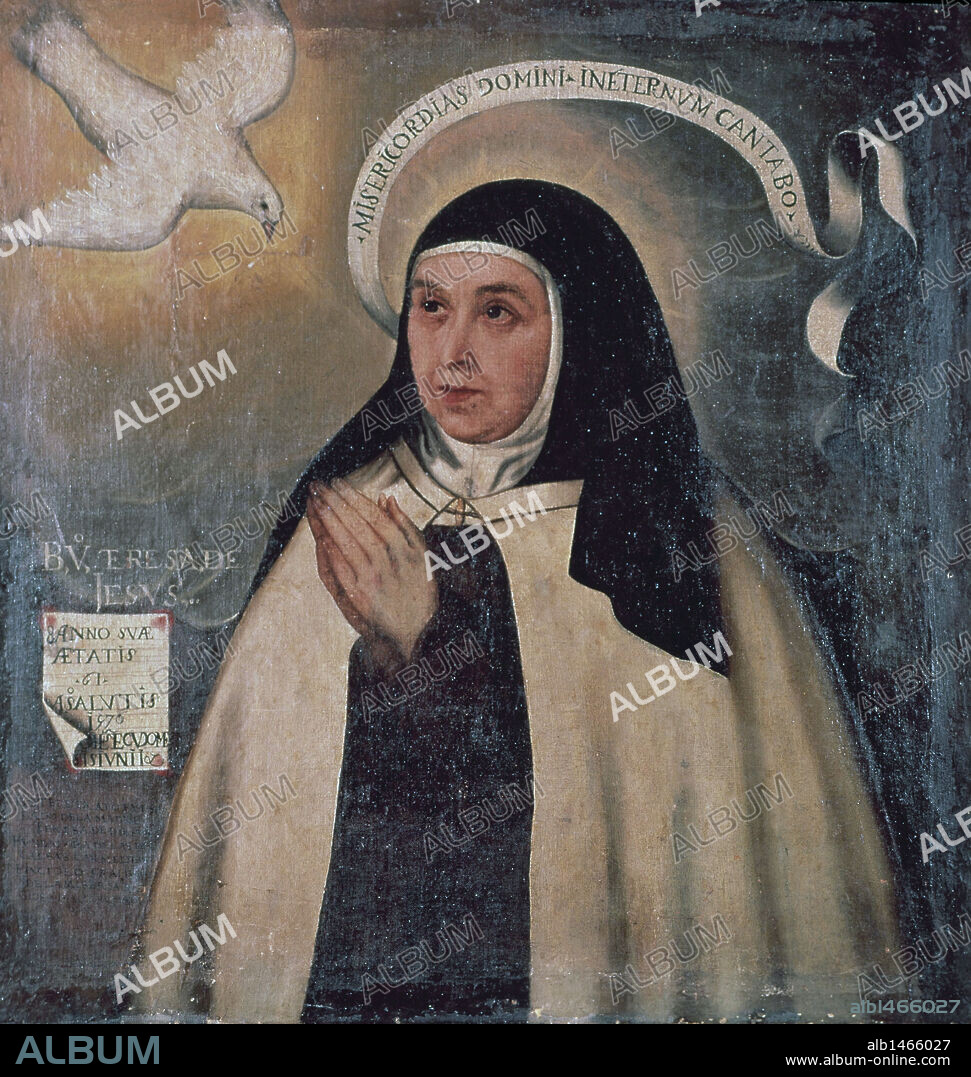 TERESA DE JESUS, Santa (Avila,1515-Alba de Tormes 1582). Reformadora de la orden carmelitana. Con ella el misticismo occidental alcanza su máxima expresión humana. Autora, entre otras obras de "Las Moradas o El Castillo interior". Oleo de Fray Juan DE LA MISERIA (1570) .
