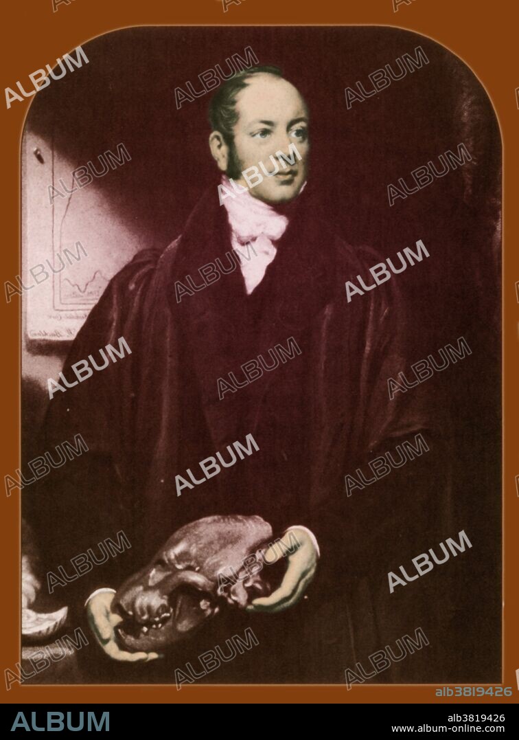 William Buckland (March 12, 1784 - August, 14 1856) the English geologist and paleontologist who wrote the first full account of a fossil dinosaur, which he called "megalosaurus," or "great lizard." He was a pioneer in the use of fossilized feces, for which he coined the term coprolites, to reconstruct ancient ecosystems. Buckland was a proponent of the Gap Theory that interpreted the biblical account of Genesis as referring to two separate episodes of creation separated by a lengthy period, Early in his career he believed that he had found geologic evidence of the biblical flood, but later became convinced that the glaciation theory of Louis Agassiz provided a better explanation.Around the end of 1849, he contracted a disease which increasingly disabled him until his death in 1856 at the age of 72. Post-mortem examination identified a tubercular infection of the upper cervical vertebrae which had spread to the brain.