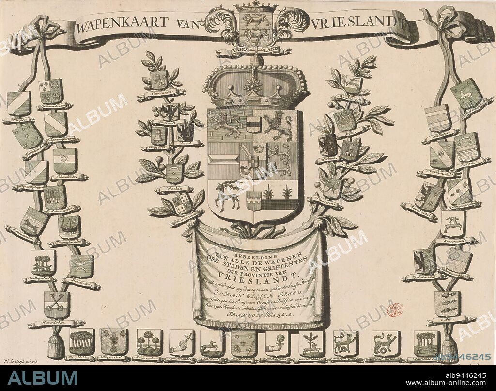 Arms map of Friesland, Wapenkaart van Vrieslandt / Afbeeldinge van alle de wapenen der staden en grietenyen der provincie Vrieslandt (title on object), In the middle the coat of arms of Johan Willem Friso, prince of Orange-Nassau, above the coat of arms of Friesland. Around it the arms of Frisian cities. On the left the arms of the Oostergo quarter and its associated municipalities. Below the arms of the district Zevenwouden and corresponding municipalities. To the right the arms of Westergo and accompanying grietenijen., print maker: anonymous, after painting by: Wybrand de Geest (II), (mentioned on object), publisher: François Halma, (mentioned on object), after painting by: Leeuwarden, publisher: Franeker, 1702 - 1711, paper, engraving, etching, height 377 mm × width 511 mm.
