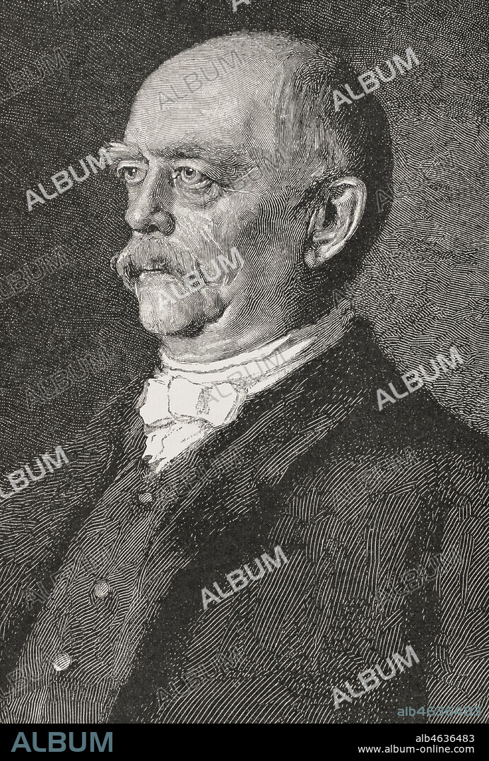 Otto von Bismarck (1815-1898). Estadista y político alemán. Artífice de la unificación alemana. El Príncipe de Bismarck, Presidente Honorario de la Conferencia de Berlín, celebrada entre el 15 de noviembre de 1884 y el 26 de febrero de 1885. Grabado. El Congo y la Creación del Estado Independiente de este nombre. Historia de los Trabajos y Exploraciones Verificados, por Enrique M. Stanley. Editada en Barcelona, hacia 1890. España.