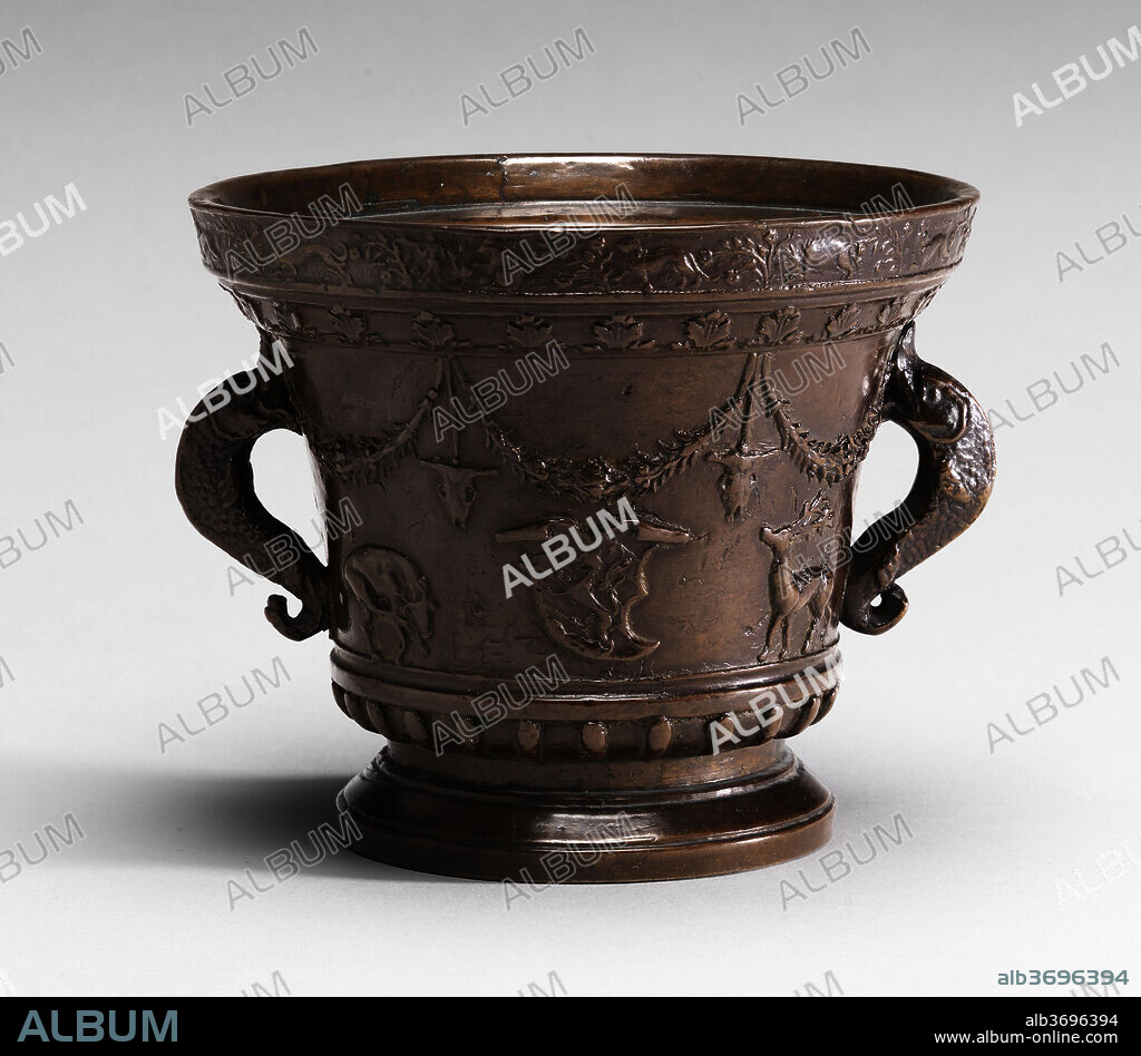 PROBABLY VENETIAN 16TH CENTURY. Mortar with Shields of Badoer Arms. Dated: 16th century. Dimensions: overall: 13.4 x 16.8 cm (5 1/4 x 6 5/8 in.). Medium: bronze//Medium brown bronze.