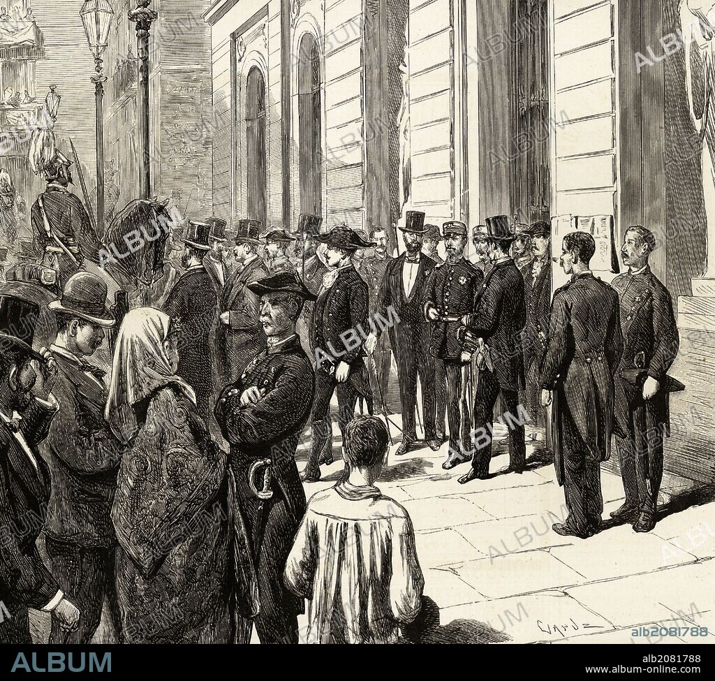 MARTINEZ CAMPOS, Arsenio (Segovia, 1831-Zarauz, 1900). Militar español. Figura importante en el levantamiento de Sagunto (1874) tras el cual se restableció la dinastía borbónica con Alfonso XII "LLEGADA A BARCELONA DEL GENERAL MARTINEZ CAMPOS TRAS LA PACIFICACION DE CATALUÑA". Grabado de "La Ilustración Española y Americana", año 1875.