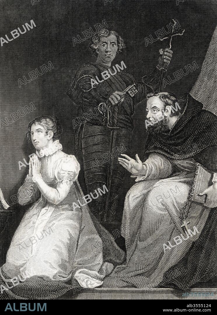 Juana Grey (1537-1554), reina de Inglaterra durante nueve días en 1553, ejecutada en la Torre de Londres tras el arresto de su esposo Thomas Wyatt el Joven. Grabado de 1864.
