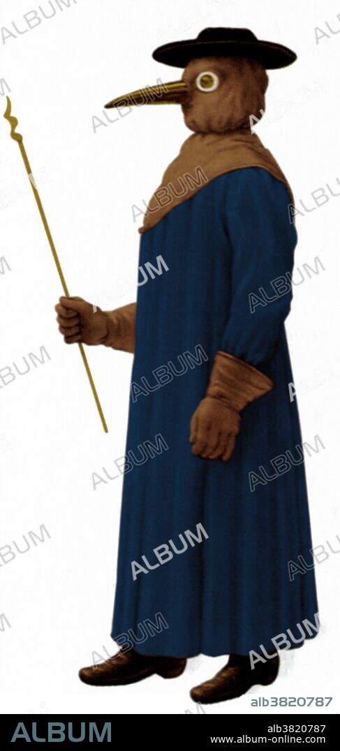 protective clothing typical of the plague doctors of rome at the time. the mask had glass openings for the eyes and a curved beak shaped like that of a bird. straps held the beak in front of the doctor's nose. the mask had two small nose holes and was a type of respirator which contained aromatic items. the beak could hold dried flowers, herbs, spices, camphor or a vinegar sponge. the purpose of the mask was to keep away bad smells, which were thought to be the principal cause of the disease in the miasma theory of infection, before it was disproved by germ theory. doctors believed the herbs would counter the smells of the plague and prevent them from becoming infected. the beak doctor costume worn by plague doctors had a wide brimmed leather hood to indicate their profession. they used wooden canes to point out areas needing attention and to examine patients without touching them. the canes were also used to keep people away, to remove clothing from plague victims without having to touch them, and to take a patient's pulse.
