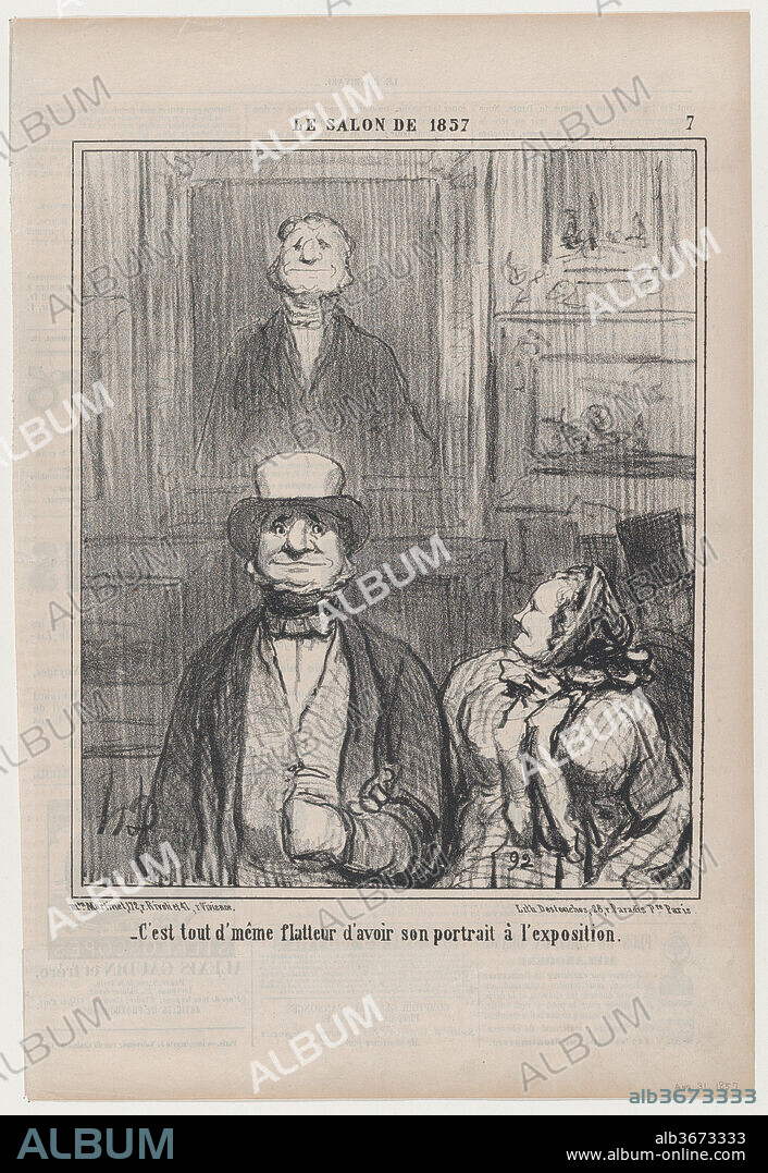 HONORE DAUMIER. C'est tout d'même flatteur d'avoir son portrait à l'exposition, from Le Salon de 1857, published in Le Charivari, August 31, 1857. Artist: Honoré Daumier (French, Marseilles 1808-1879 Valmondois). Dimensions: Sheet: 14 7/16 × 9 3/4 in. (36.7 × 24.8 cm)
Image: 9 13/16 × 8 1/8 in. (25 × 20.7 cm). Printer: Destouches (Paris). Publisher: Aaron Martinet (French, 1762-1841). Series/Portfolio: Le Salon de 1857. Date: August 31, 1857.