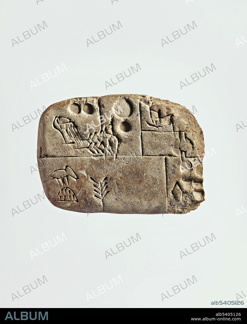 Cuneiform tablet, 4th to 3rd millennium BC. Administrative account from Sumerian Mesopotamia concerning the distribution of barley and emmer wheat. It dates from the Jemdet Nasr period, around 3100‰ÛÒ2900 BC, and is thought to be from Uruk (modern Warka). The pictographs on this clay tablet are called proto-cuneiform and were drawn with a pointed implement. Circular impressions represent numerical symbols. When fired the records written on the clay became permanent. Early writing was used primarily to record economic information. This object is part of the collections of the Metropolitan Museum of Art, New York City, USA.