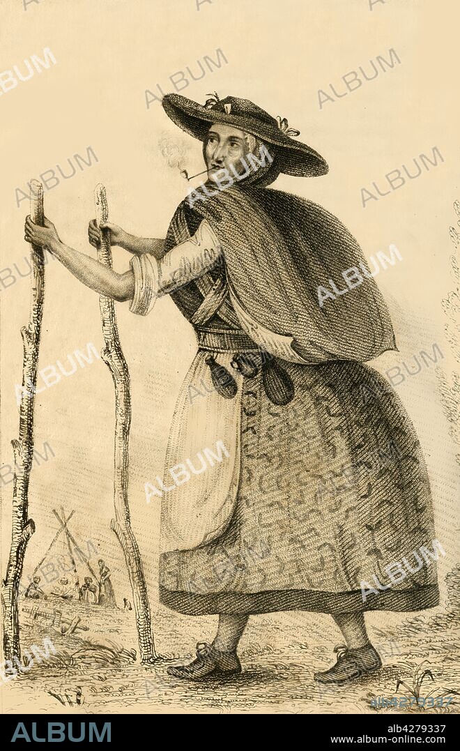 ROBERT COOPER. 'Jenny Darney, A Remarkable Character in Cumberland', 1821. Portrait of a pipe-smoking 'travelling eccentric' who was 'well known in the southern part of the county of Cumberland...The country people knew her by the name of Jenny Darney, from the manner, it is presumed, in which she used to mend her clothes. Her garb was entirely of her own manufacture.' From "Wonderful Characters: Comprising Memoirs and Anecdotes of the Most Remarkable Persons of Every Age and Nation", Vol. II, by Henry Wilson. [J. Robins and Co. Albion Press, London, 1821].