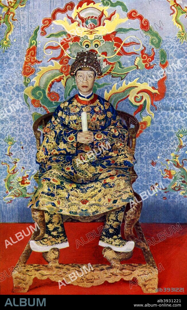The Emperor of Annam, Vietnam, 1922. As the Son of Heaven, the emperor is dressed in his ritual robes and holds in his hands the sacred 'rule', a tablet of wood. From Peoples of All Nations, Their Life Today and the Story of Their Past, volume I: Abyssinia to the British Empire, edited by JA Hammerton and published by the Educational Book Company (London, 1922).