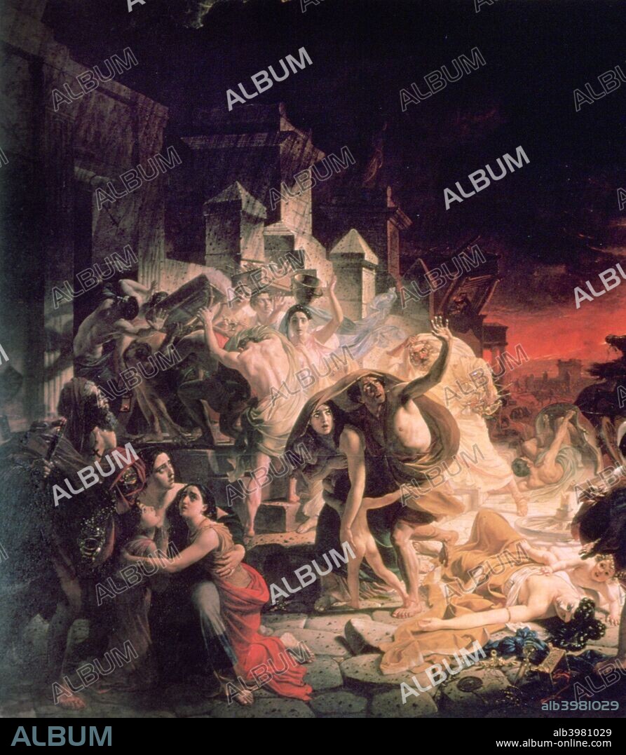 'The Last Day of Pompeii' Detail, 1833. Pompeii is a ruined Roman city, destroyed by a volcano eruption in AD 79, Russian Museum, St-Petersburg.