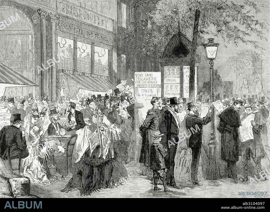 TERCERA GUERRA CARLISTA (1872-1876). "Francia. París. Aspecto de la entrada del pasaje Jouffroy, al recibirse noticias de España y la Guerra Carlista". Grabado por Severini. La Ilustración Española y Americana, 1872.