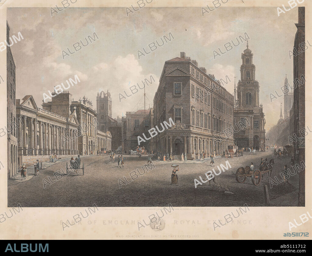 Bank of England Royal Exchange, James H. Kernot, active early 19th century, after William Marlow, 17401813, British, 1800, Hand colored engraving, Sheet: 14 5/8 × 18 15/16 inches (37.1 × 48.1 cm) and Image: 12 × 17 3/4 inches (30.5 × 45.1 cm).