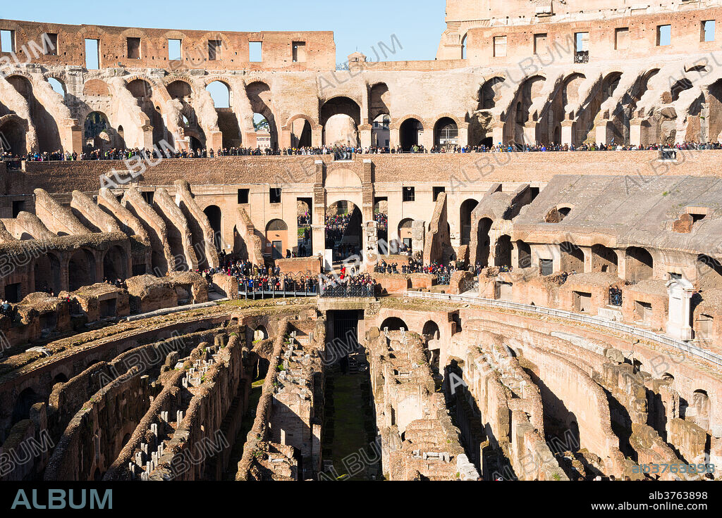 The Colosseum (Flavian Amphitheatre), with the below ground level hypogeum, UNESCO World Heritage Site, Rome, Lazio, Italy, Europe.