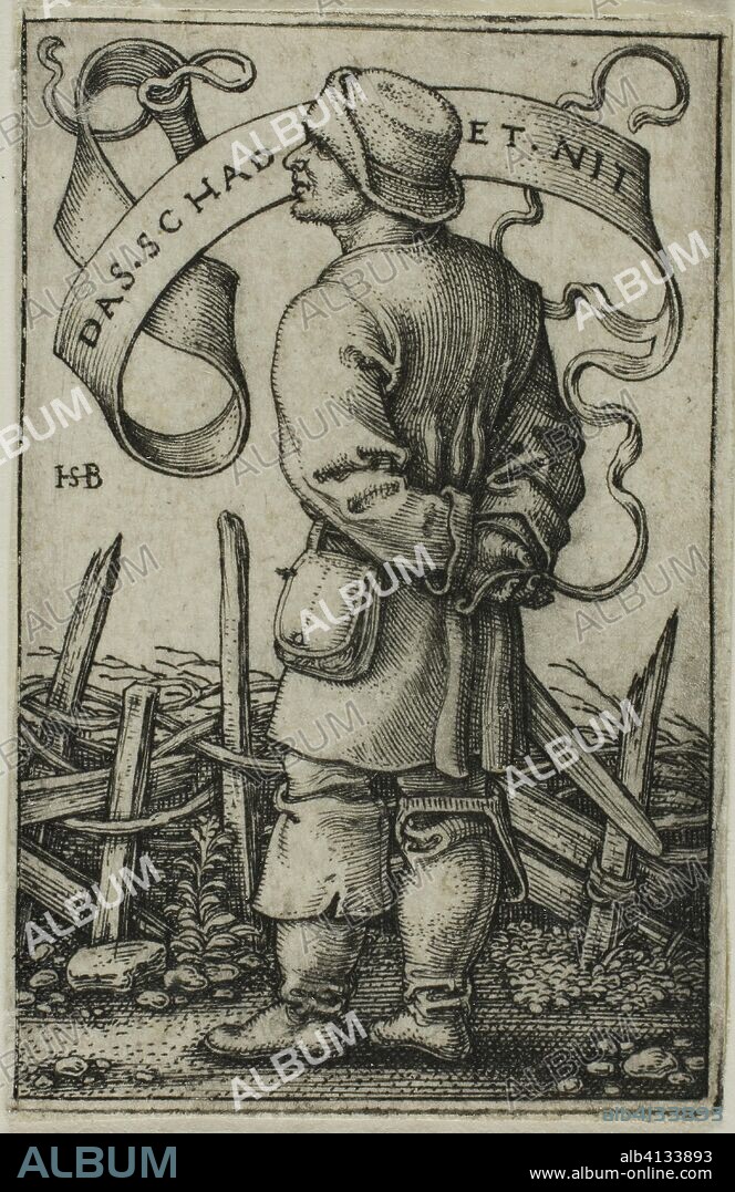 HANS SEBALD BEHAM. The Weather Peasant "Das Schadet Nit". Sebald Beham; German, 1500-1550. Date: 1537-1547. Dimensions: 44 x 28 mm (image/plate); 45 x 29 mm (sheet). Engraving in black on ivory laid paper. Origin: Germany.