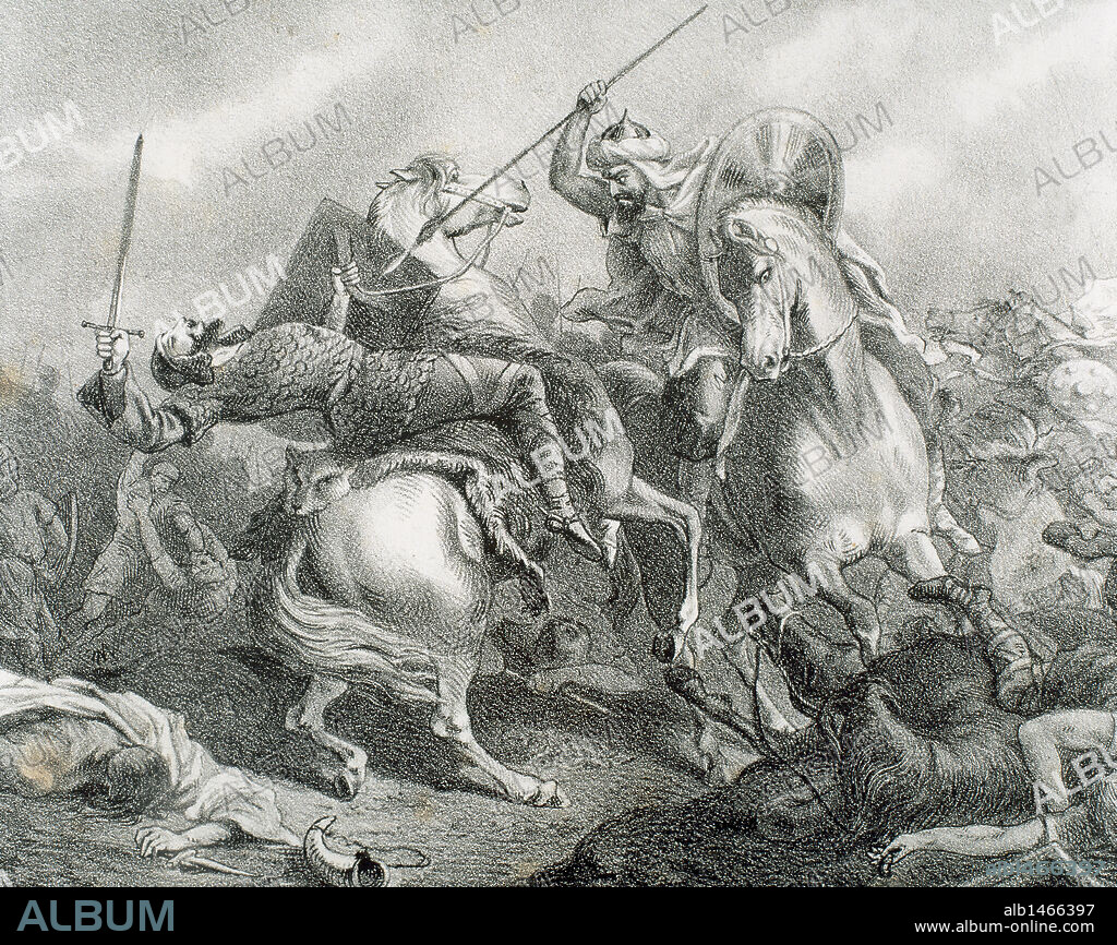 DON RODRIGO (m. 711). Ultimo rey visigodo de la Península Ibérica (710-711). S. VIII. Murió en su enfrentamiento con el militar bereber Tariq Ibn Ziyad en la Batalla de Guadalete. "MUERTE DE DON ROGRIGO POR TARIQ IBN ZIYAD". Grabado S. XIX.