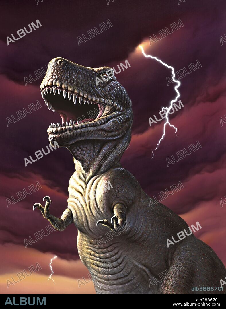 A Tyrannosaurus Rex with a red stormy sky and lightning behind it.
