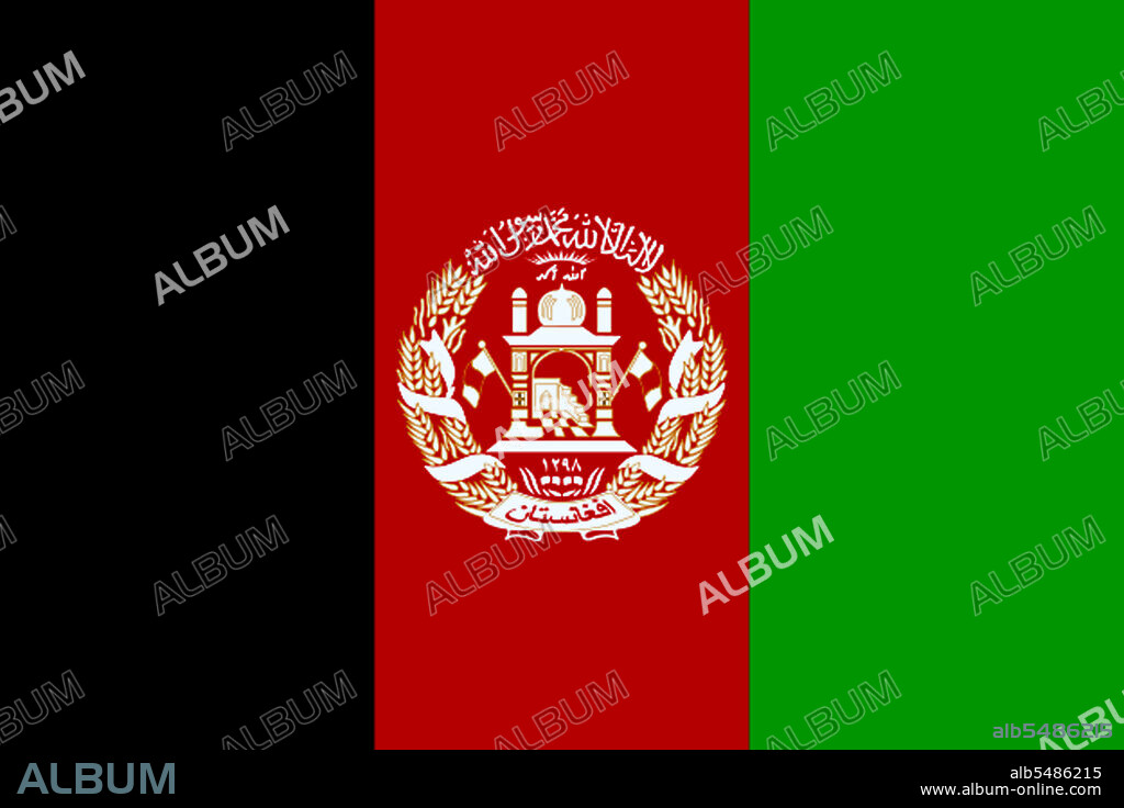 The flag of Afghanistan was adopted by the transitional government of the Transitional Islamic State of Afghanistan in 2002-2004. This flag is similar to the one flown in Afghanistan during the monarchy between 1930 and 1973. The difference is the addition of the shahadah (Islamic Confession of Faith) at the top of the coat of arms (seen in gold/yellow) in the center. The new flag was adopted January 4, 2004. The flag consists of three stripes of the colors black, red, and green. This has been present on most flags of Afghanistan in the last twenty years. The center emblem is the classical emblem of Afghanistan with a mosque with its mihrab facing Mecca.