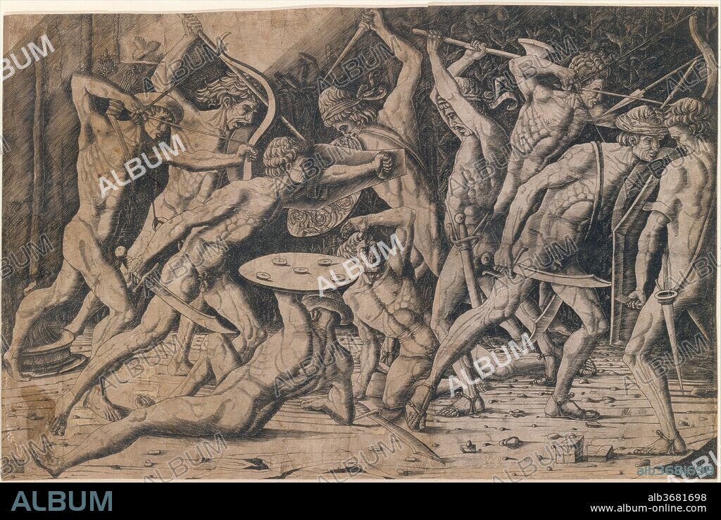 Battle of Hercules and the Giants. Artist: Anonymous, Italian, 15th century; After Antonio Pollaiuolo (Italian, Florence ca. 1432-1498 Rome). Dimensions: sheet: 14 5/16 x 21 3/4 in. (36.4 x 55.2 cm). Date: 15th century.