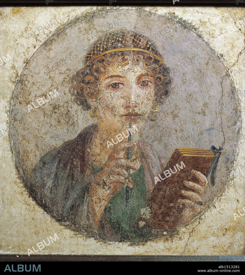 Roman civilization 1st century A.D. Portrait of a woman known as Sappho 55-79 A.D. Painting on plaster, 31x31 cm. From Pompeii (originally associated to the Portrait of a young man holding a papyrus scroll).