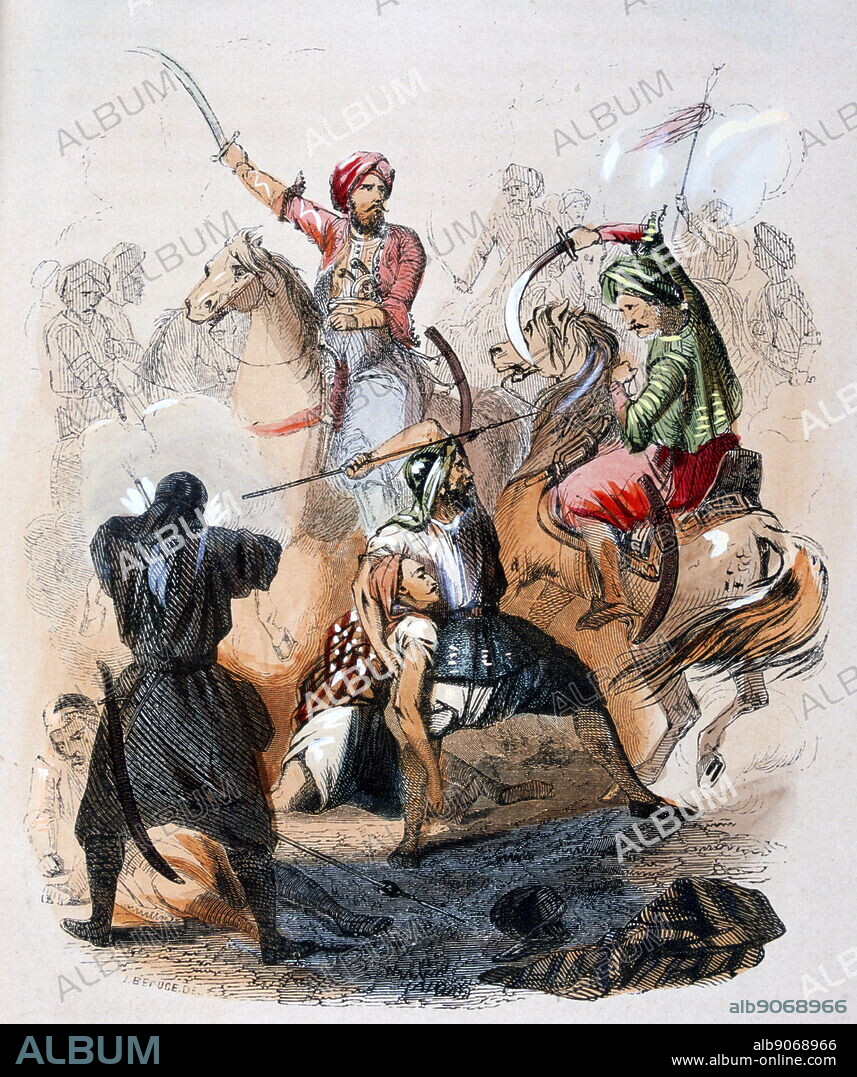 Ibrahim Pasha (eldest son of Muhammad Ali) in battle in Arabia 1818. Watercolour by the French painter Jean-Adolphe Beaucé (1818 - 1875). Ibrahim Pasha (1789-1848) commanded the Egyptian army. After his father became senile Ibrahim ruled Egypt.
